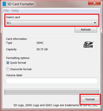 select card in sd card formatter