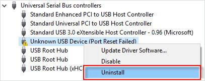 select properties of USB root hub uninstall
