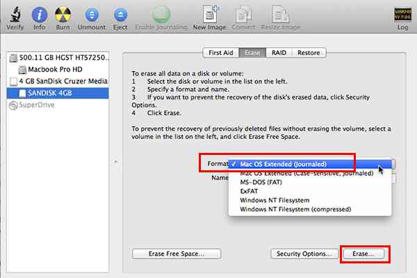 حدد Mac OS Extended (Journaled) وانقر على erase