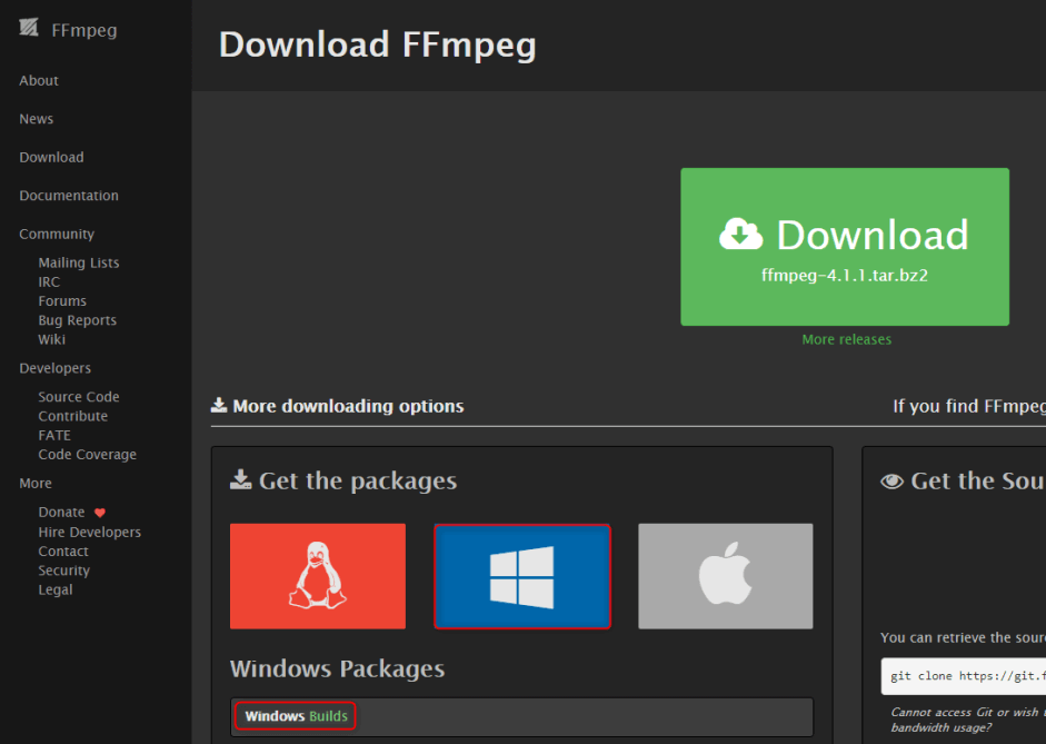 حدد Windows Builds في ffmpeg